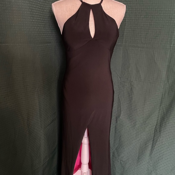 Sequin Hearts size 5 satin black gown with hot pink inside. Preowned - Picture 1 of 3